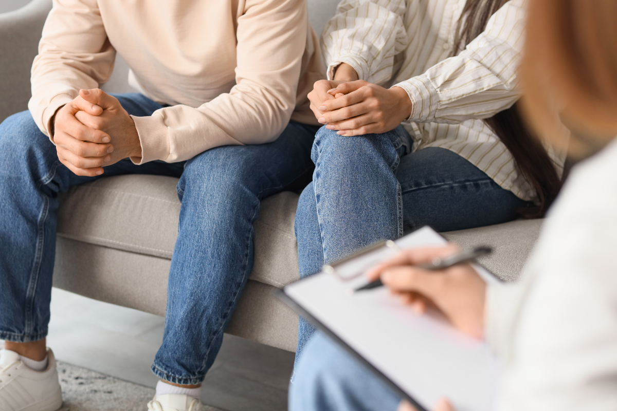 close up of man and woman mediating with lawyer